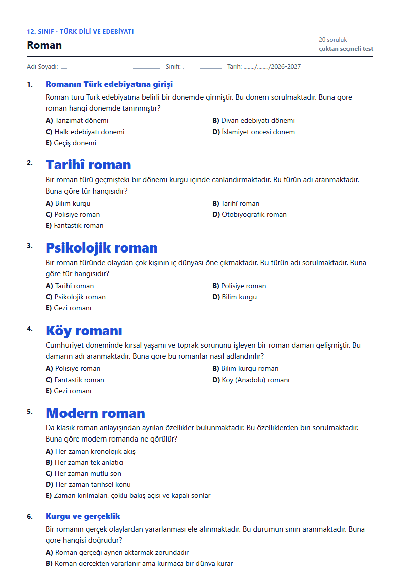 Roman çalışma kağıdı önizlemesi
