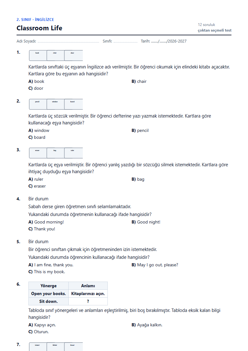 Classroom Life çalışma kağıdı önizlemesi