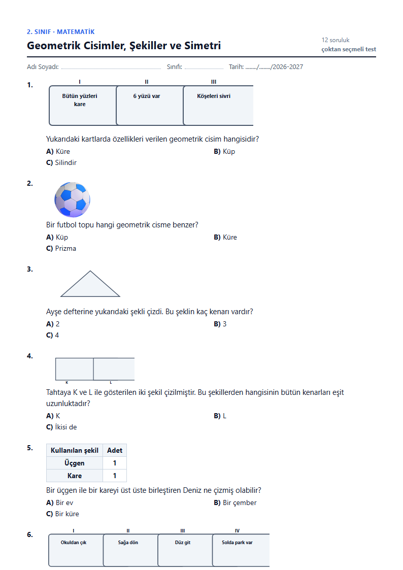 Geometrik Cisimler, Şekiller ve Simetri çalışma kağıdı önizlemesi