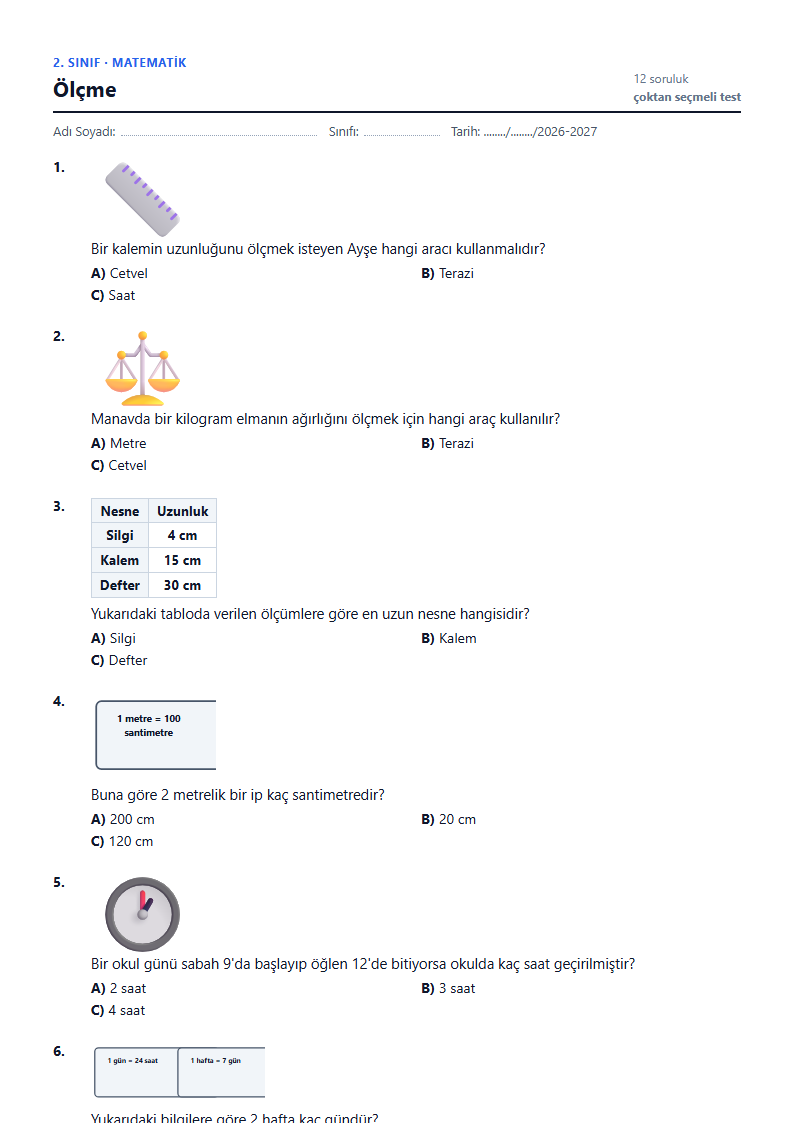 Ölçme çalışma kağıdı önizlemesi
