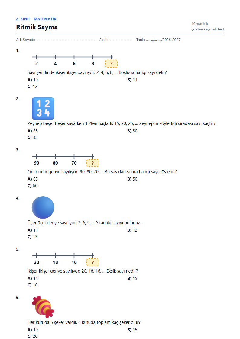 Ritmik Sayma çalışma kağıdı önizlemesi