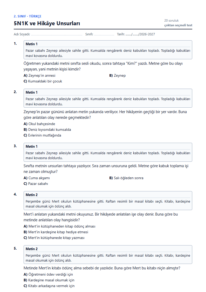 5N1K ve Hikâye Unsurları çalışma kağıdı önizlemesi