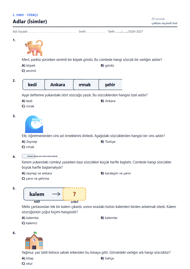Adlar (İsimler) çalışma kağıdı önizlemesi