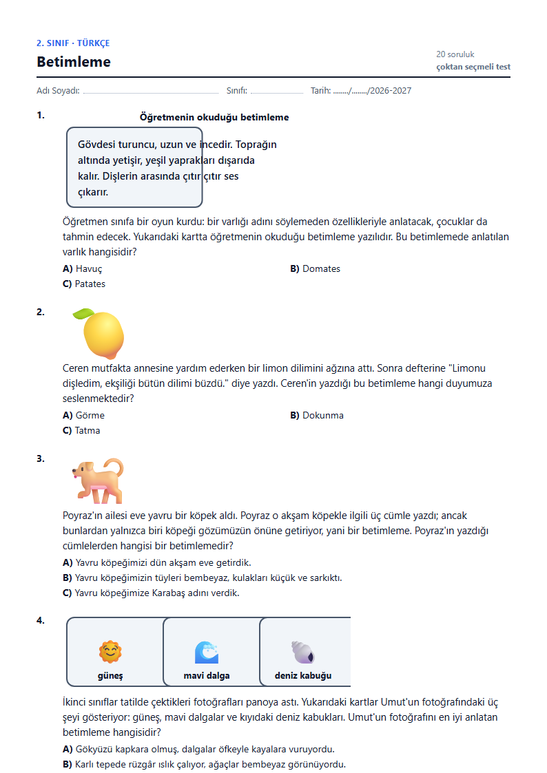 Betimleme çalışma kağıdı önizlemesi