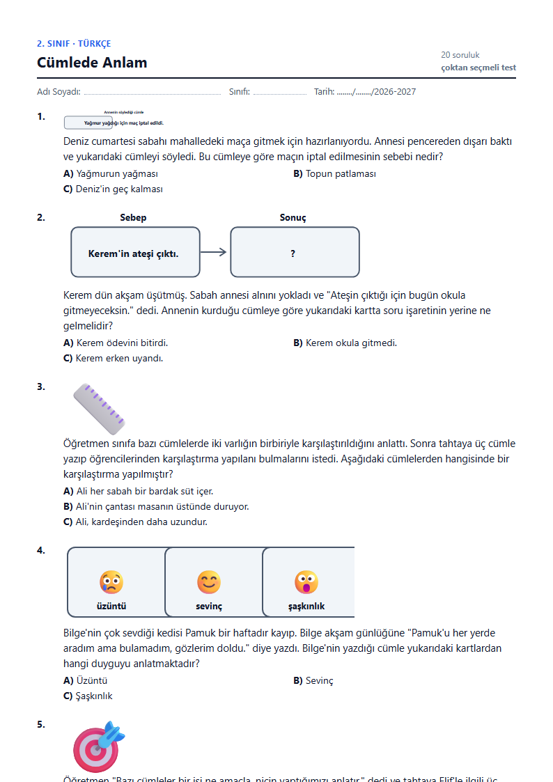 Cümlede Anlam çalışma kağıdı önizlemesi