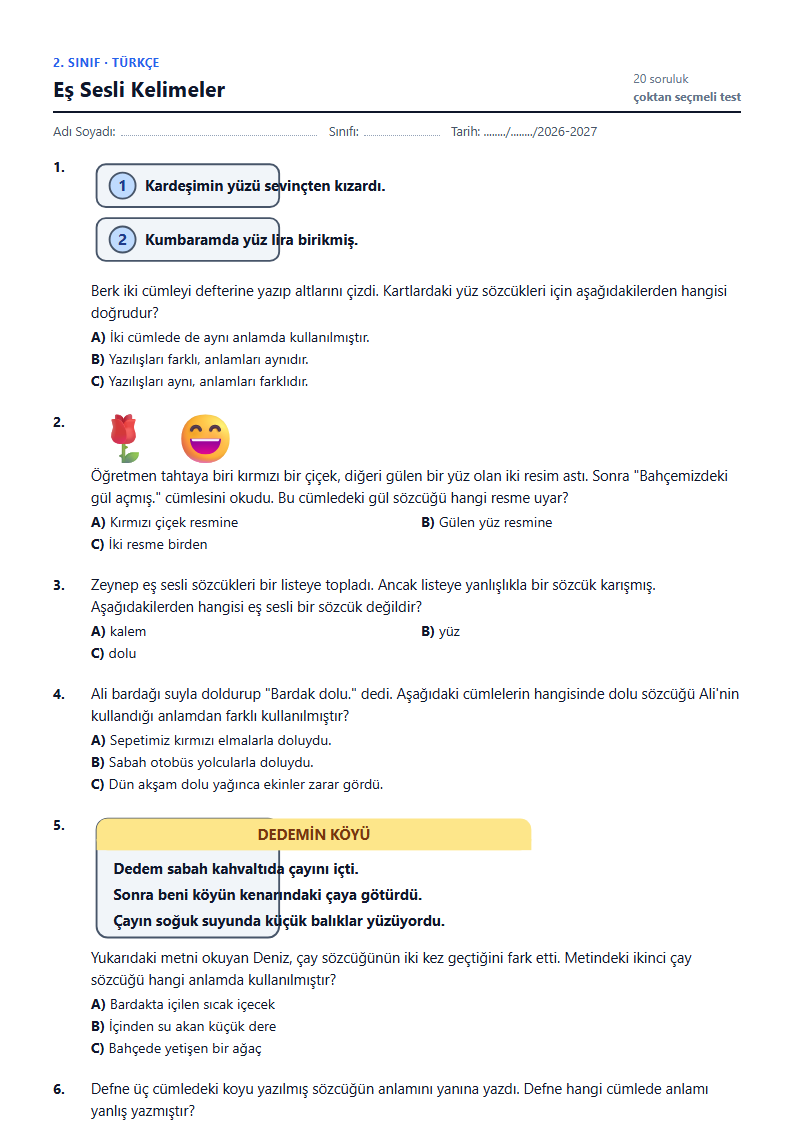 Eş Sesli Kelimeler çalışma kağıdı önizlemesi