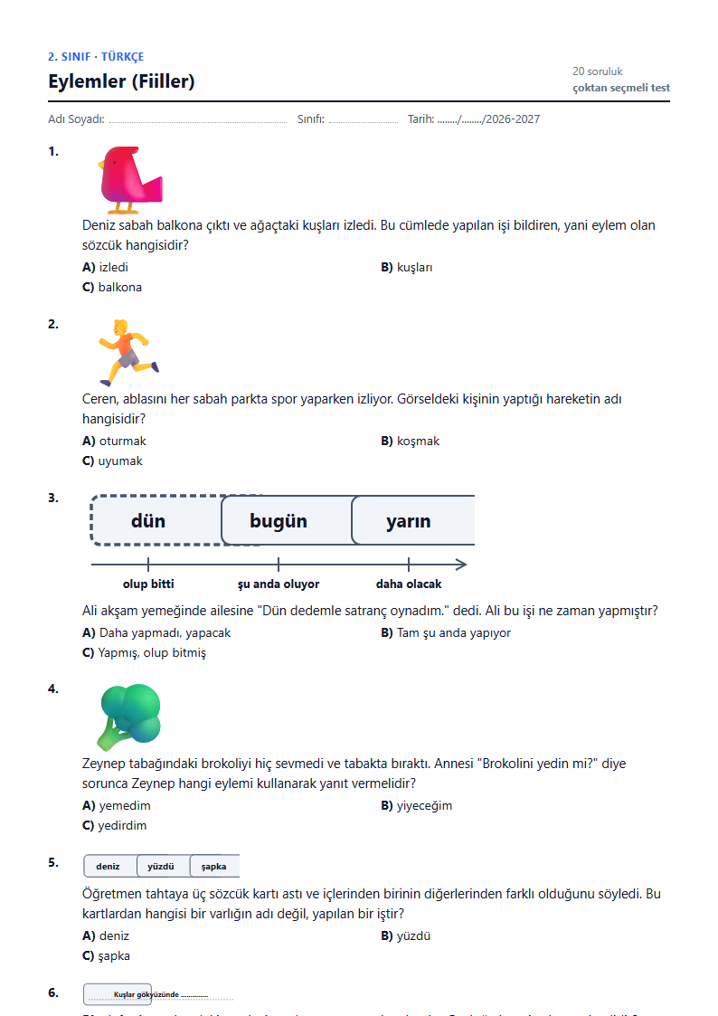 Eylemler (Fiiller) çalışma kağıdı önizlemesi