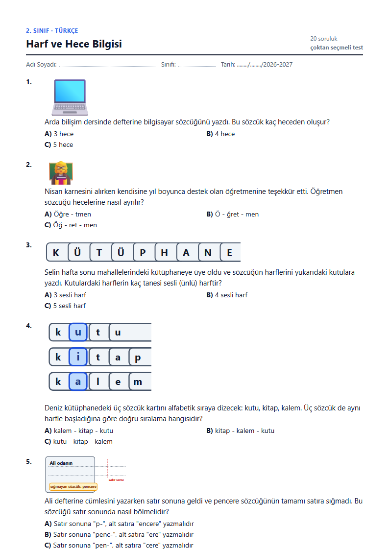 Harf ve Hece Bilgisi çalışma kağıdı önizlemesi