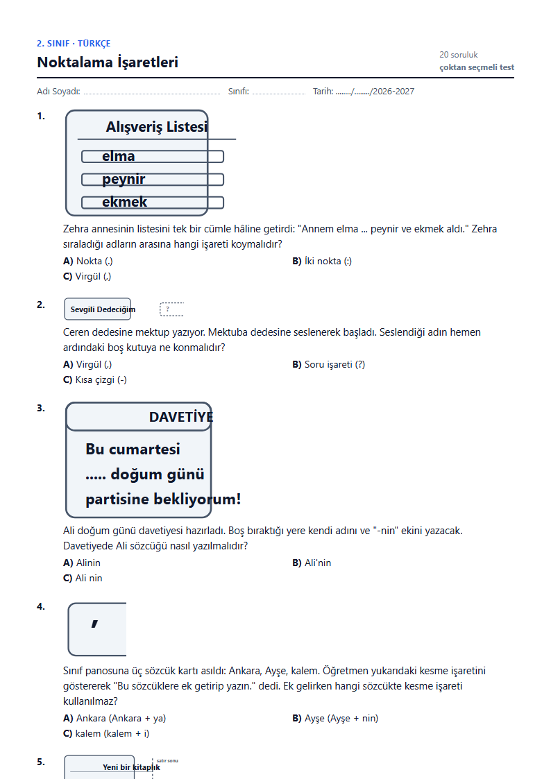 Noktalama İşaretleri çalışma kağıdı önizlemesi