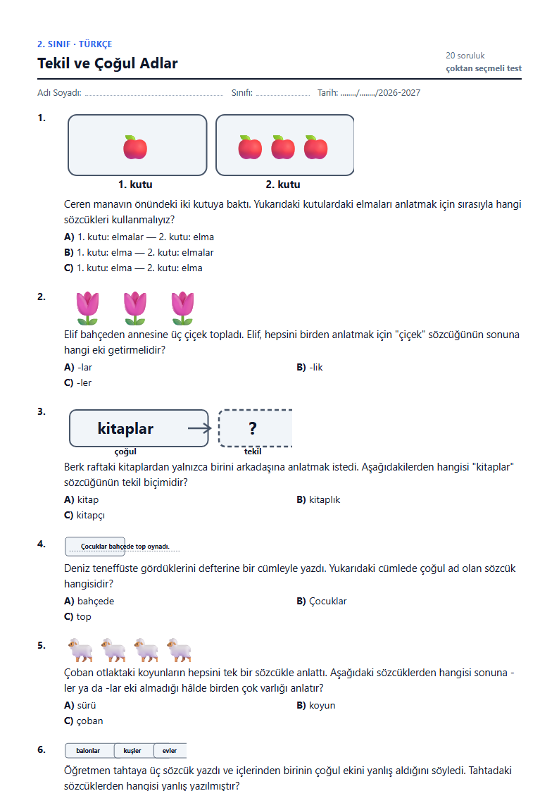 Tekil ve Çoğul Adlar çalışma kağıdı önizlemesi
