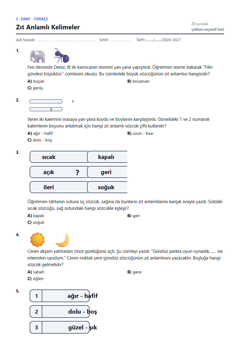 Zıt Anlamlı Kelimeler çalışma kağıdı önizlemesi