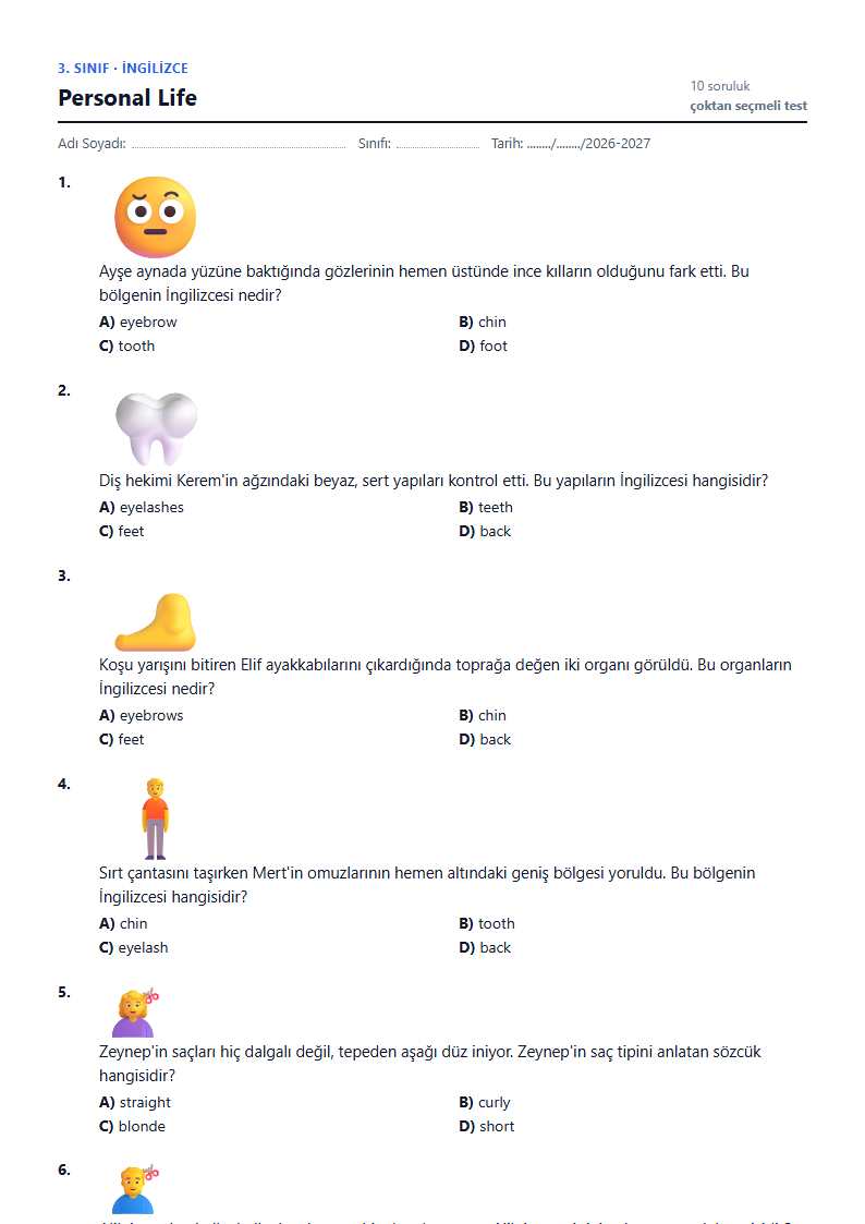 Personal Life çalışma kağıdı önizlemesi