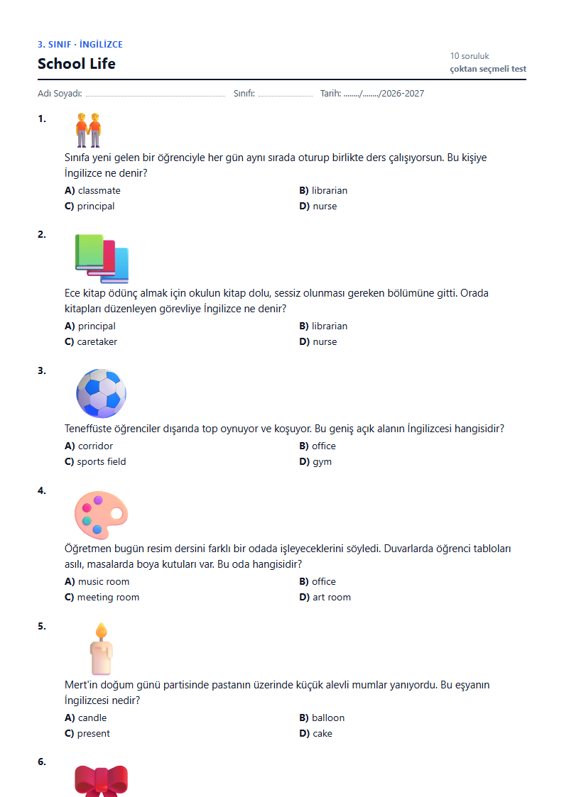 School Life çalışma kağıdı önizlemesi