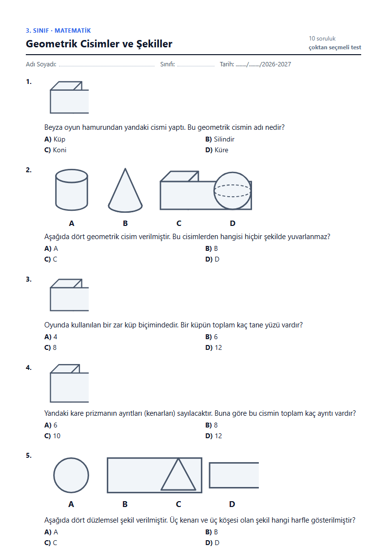 Geometrik Cisimler ve Şekiller çalışma kağıdı önizlemesi