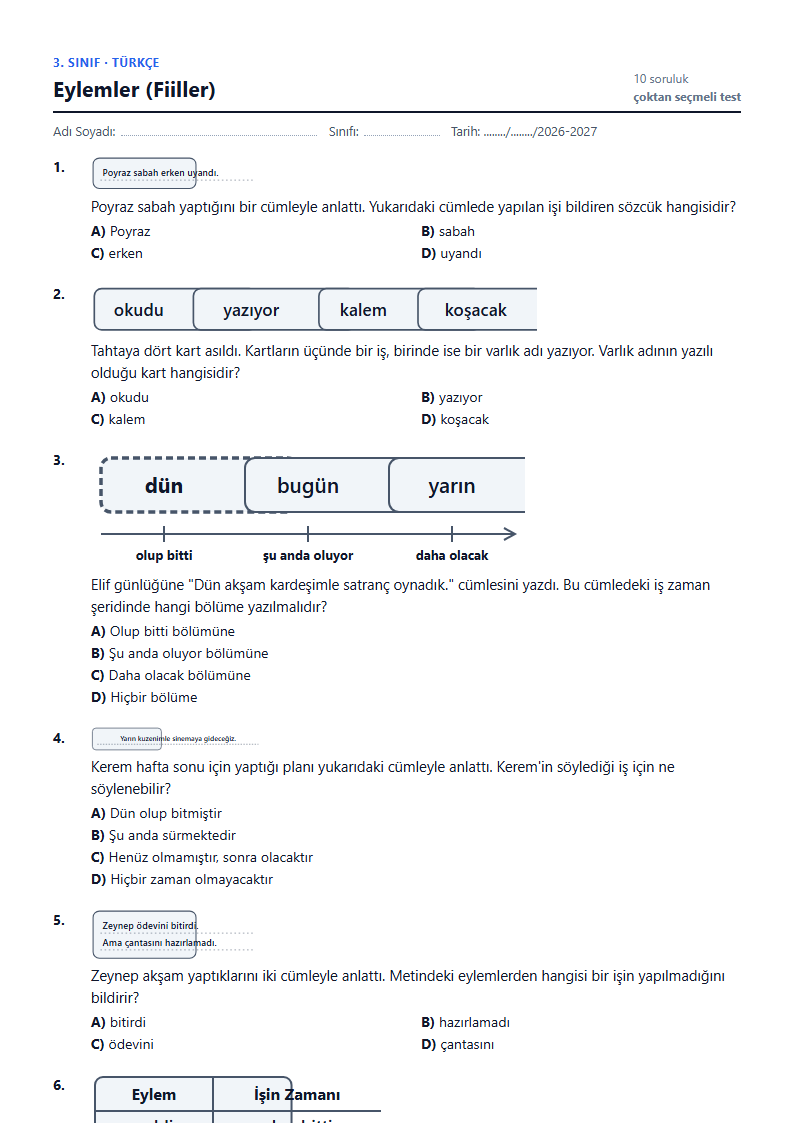 Eylemler (Fiiller) çalışma kağıdı önizlemesi
