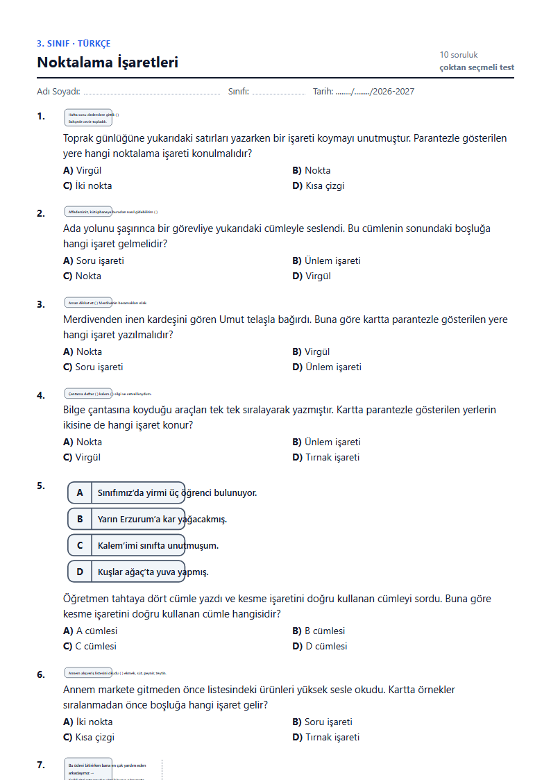 Noktalama İşaretleri çalışma kağıdı önizlemesi