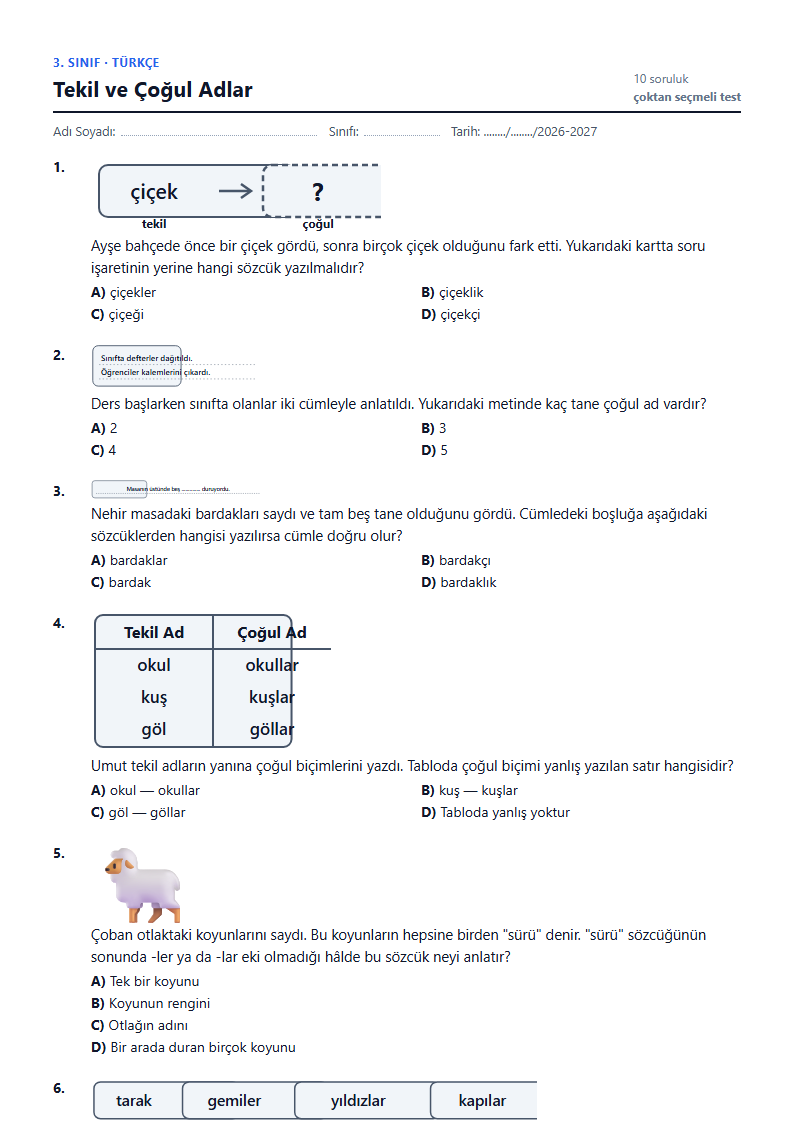 Tekil ve Çoğul Adlar çalışma kağıdı önizlemesi