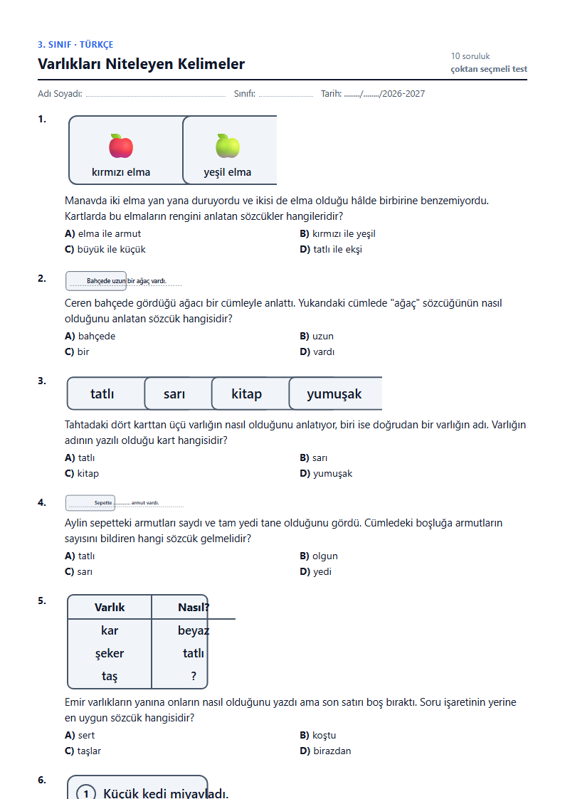 Varlıkları Niteleyen Kelimeler çalışma kağıdı önizlemesi