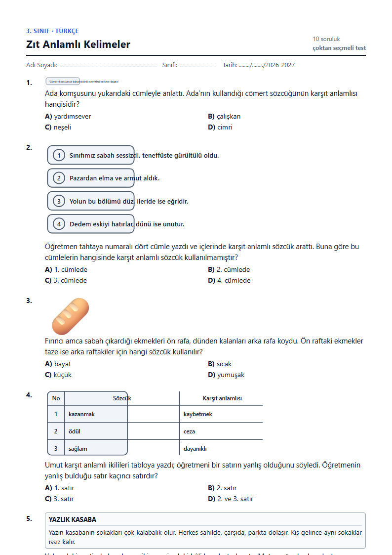 Zıt Anlamlı Kelimeler çalışma kağıdı önizlemesi