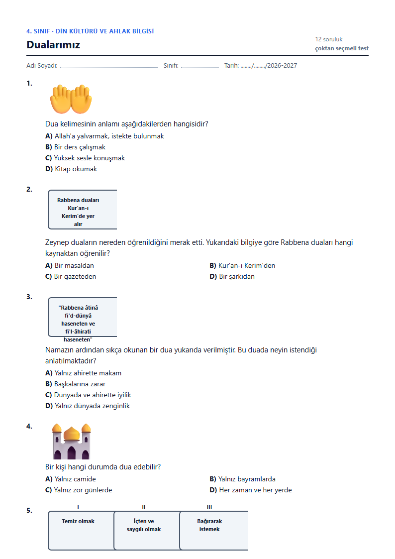 Dualarımız çalışma kağıdı önizlemesi