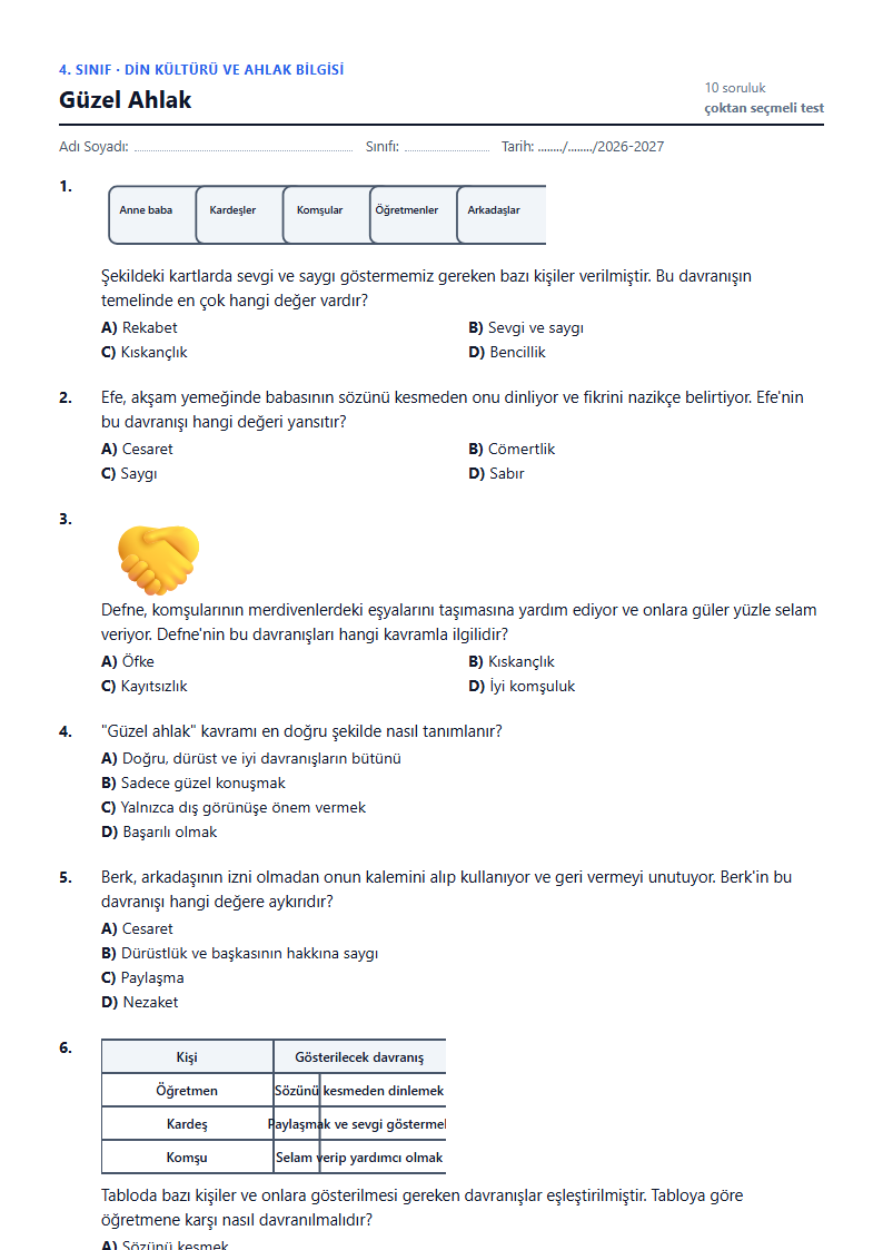 Güzel Ahlak çalışma kağıdı önizlemesi