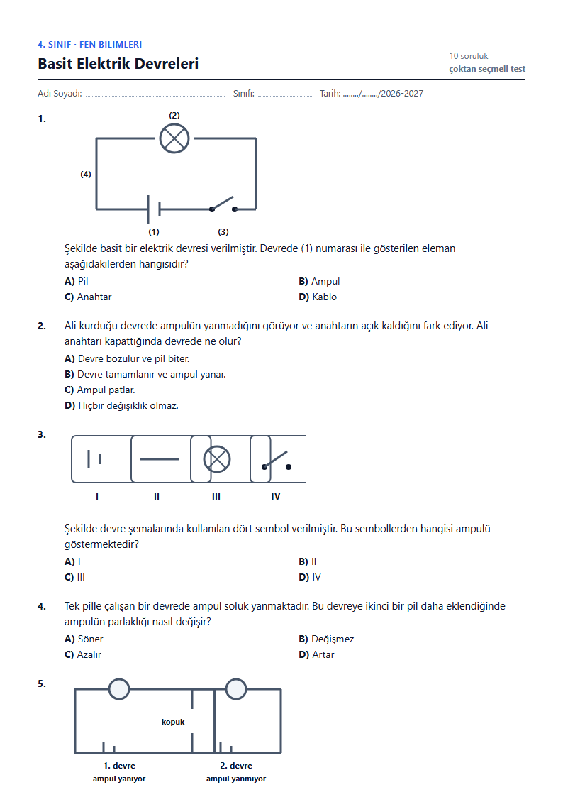 Basit Elektrik Devreleri çalışma kağıdı önizlemesi