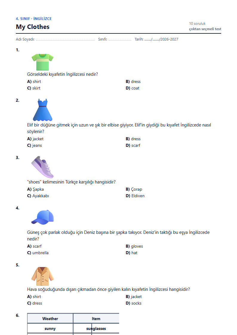 My Clothes çalışma kağıdı önizlemesi