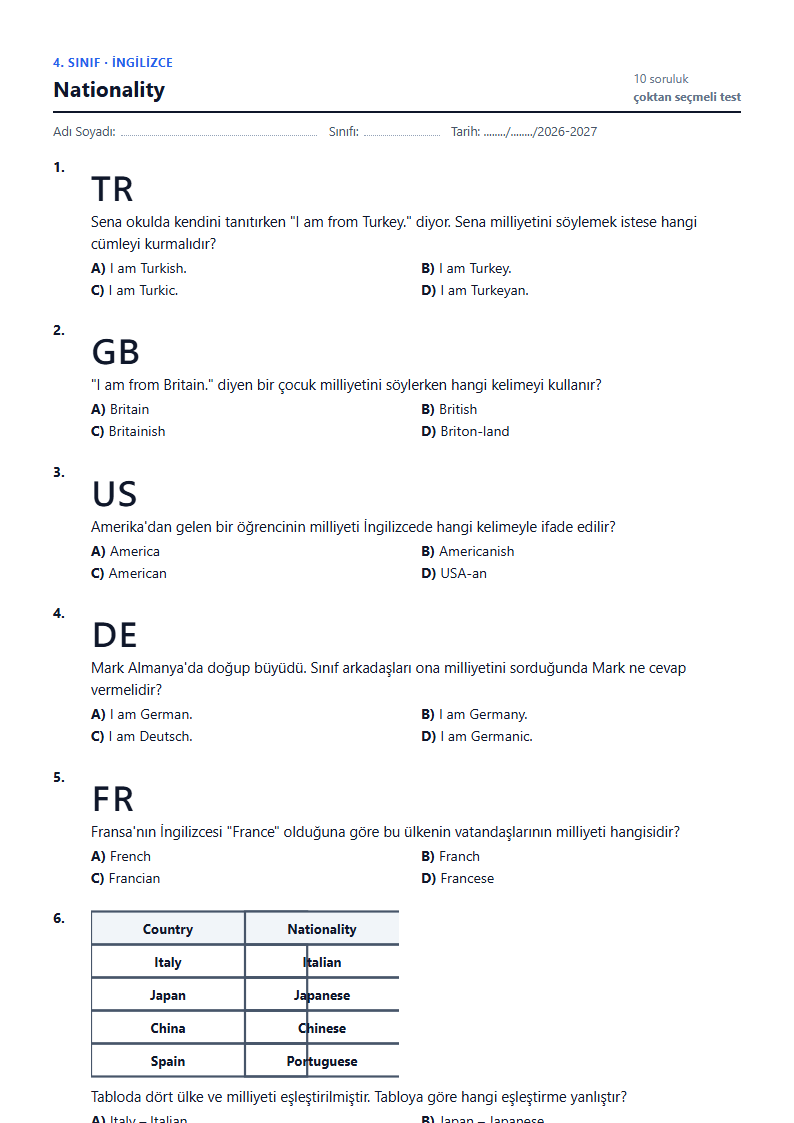 Nationality çalışma kağıdı önizlemesi