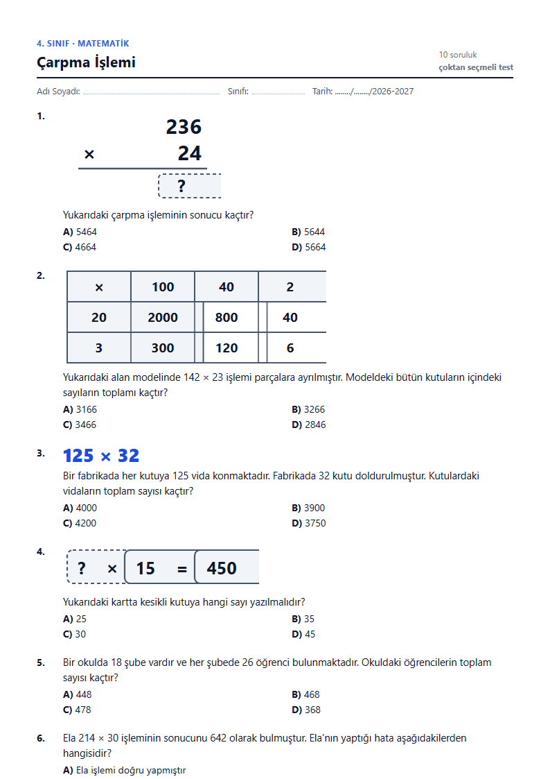 Çarpma İşlemi çalışma kağıdı önizlemesi