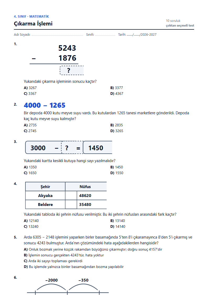 Çıkarma İşlemi çalışma kağıdı önizlemesi