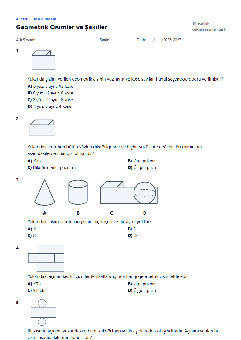Geometrik Cisimler ve Şekiller çalışma kağıdı önizlemesi