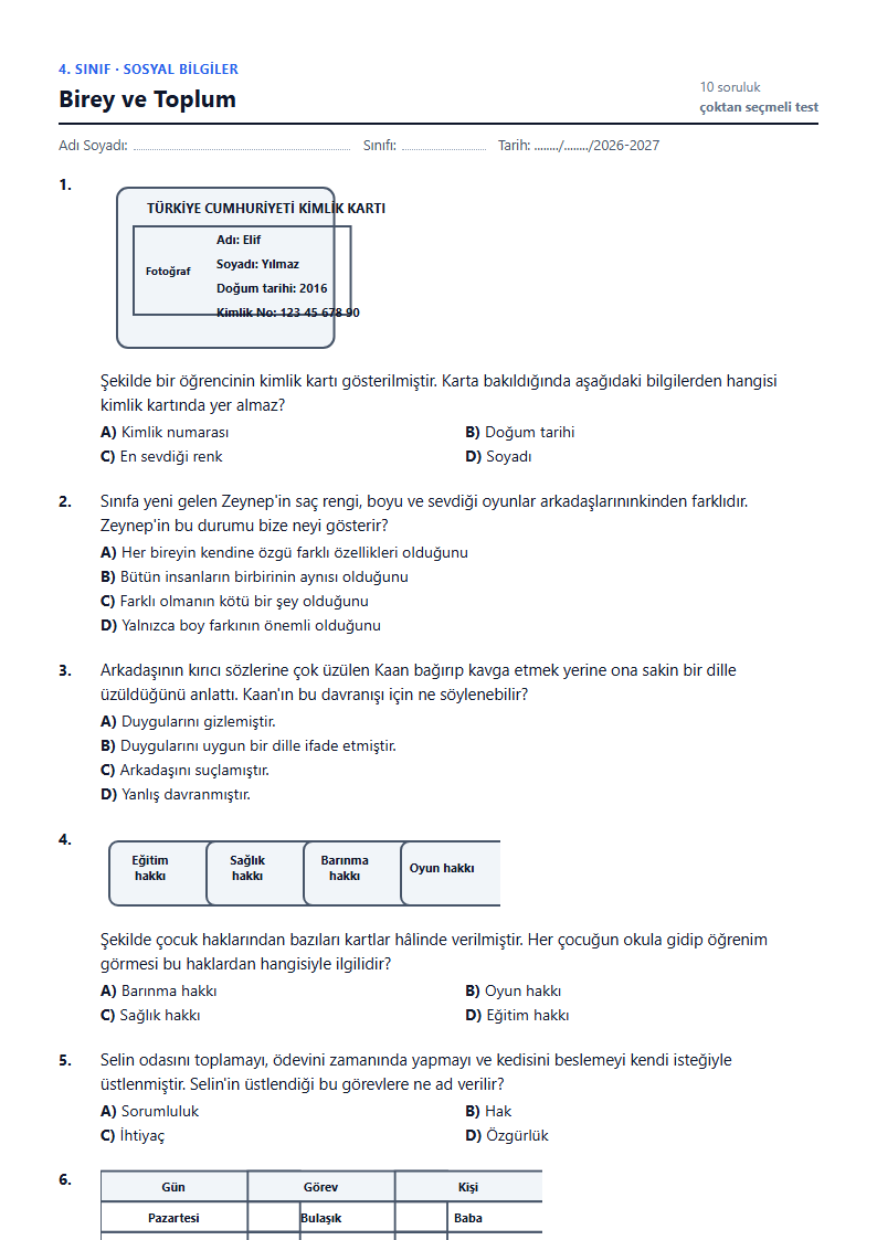 Birey ve Toplum çalışma kağıdı önizlemesi