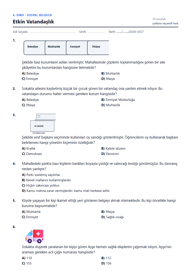 Etkin Vatandaşlık çalışma kağıdı önizlemesi