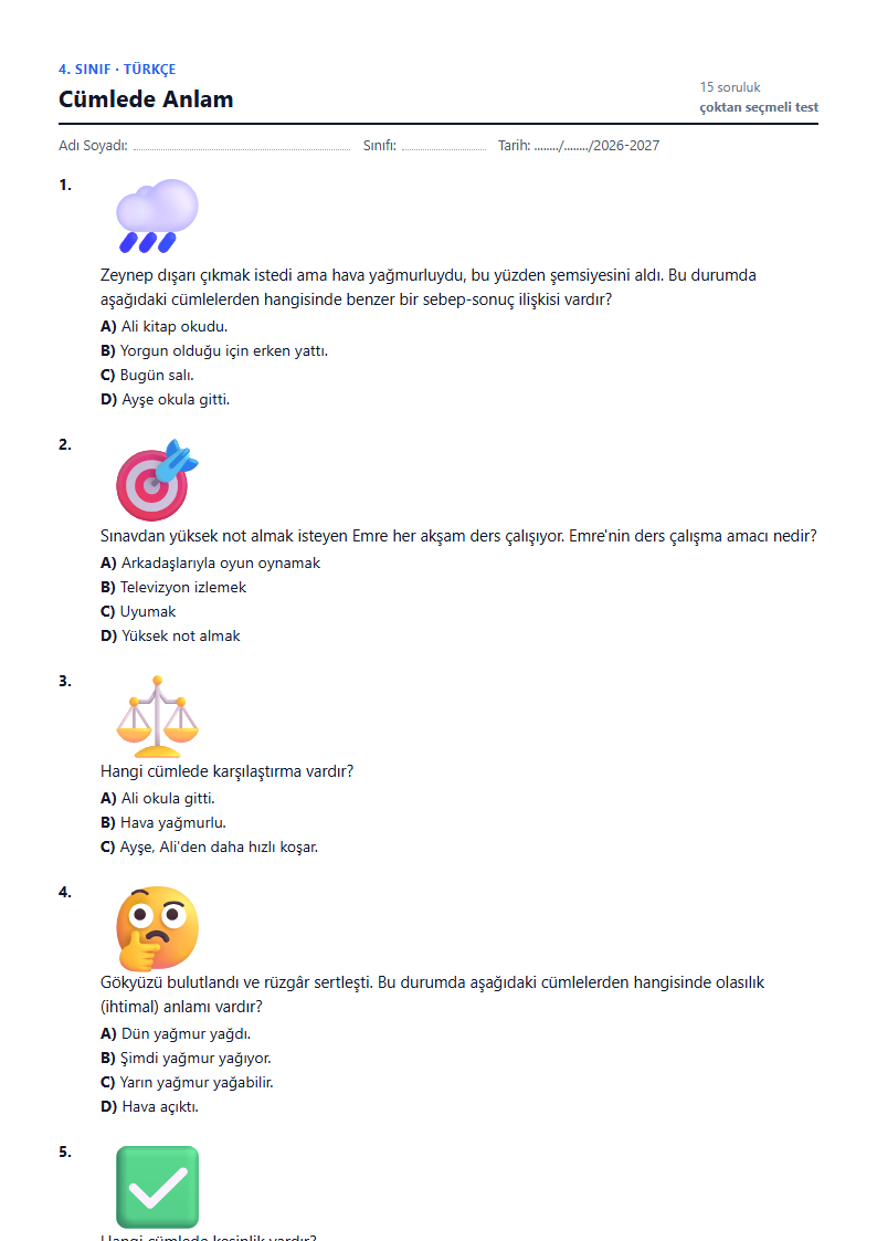 Cümlede Anlam çalışma kağıdı önizlemesi