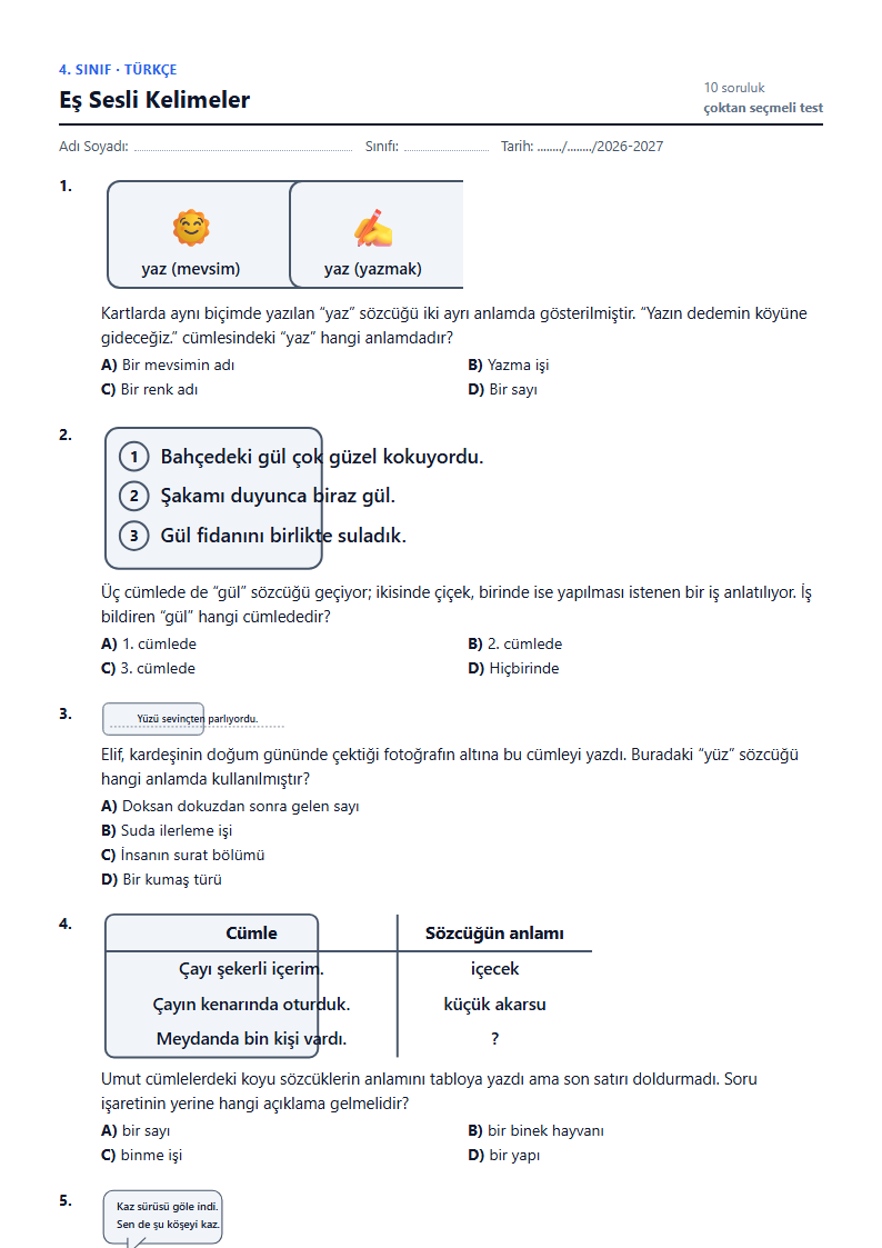 Eş Sesli Kelimeler çalışma kağıdı önizlemesi