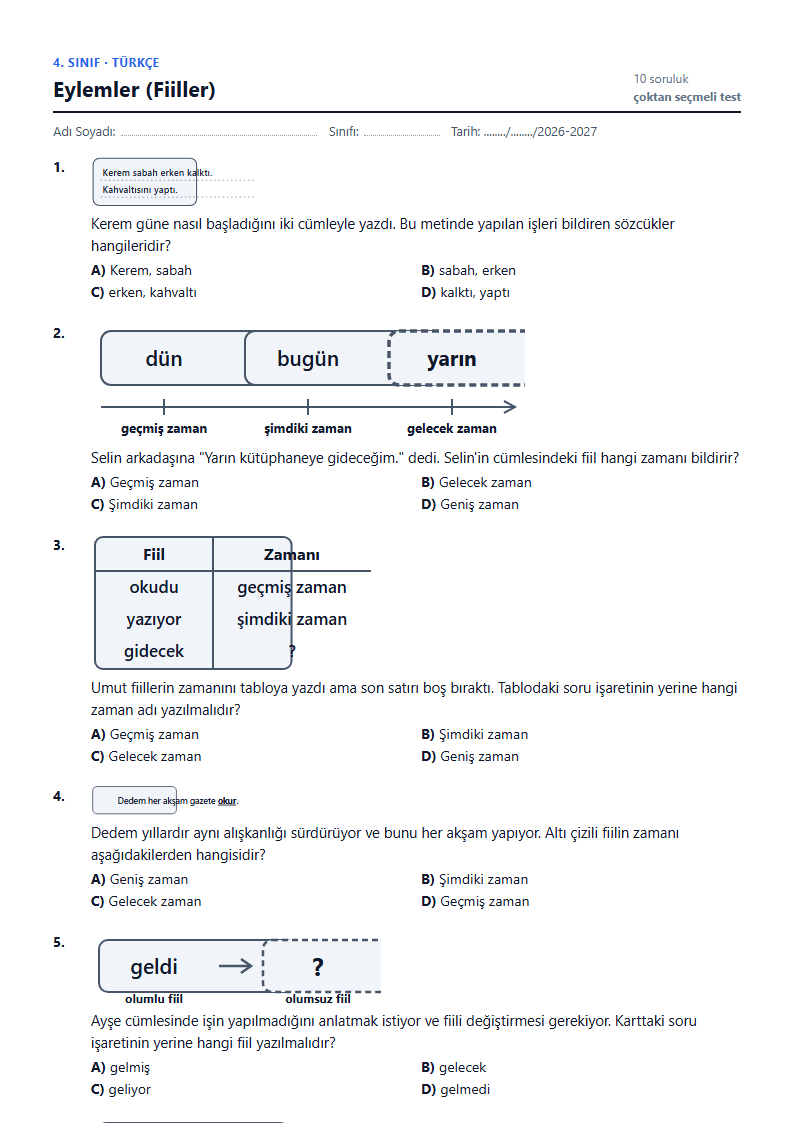 Eylemler (Fiiller) çalışma kağıdı önizlemesi