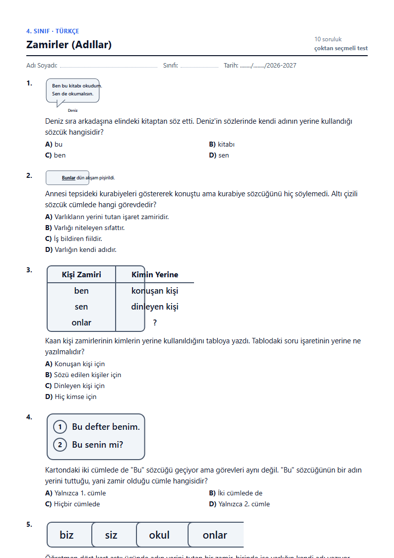 Zamirler (Adıllar) çalışma kağıdı önizlemesi