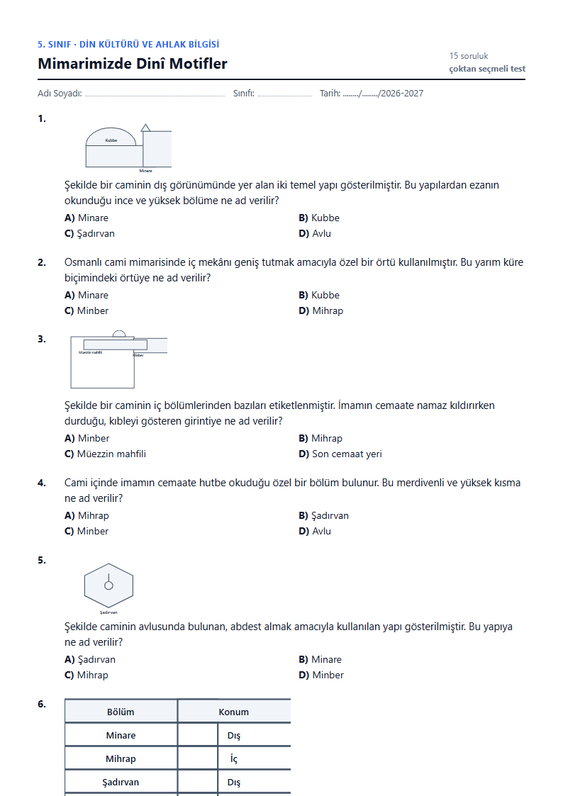 Mimarimizde Dinî Motifler çalışma kağıdı önizlemesi