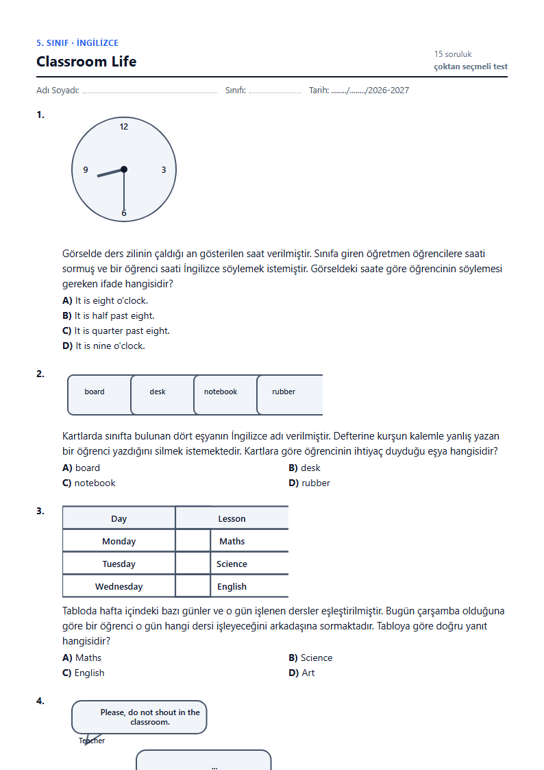 Classroom Life çalışma kağıdı önizlemesi