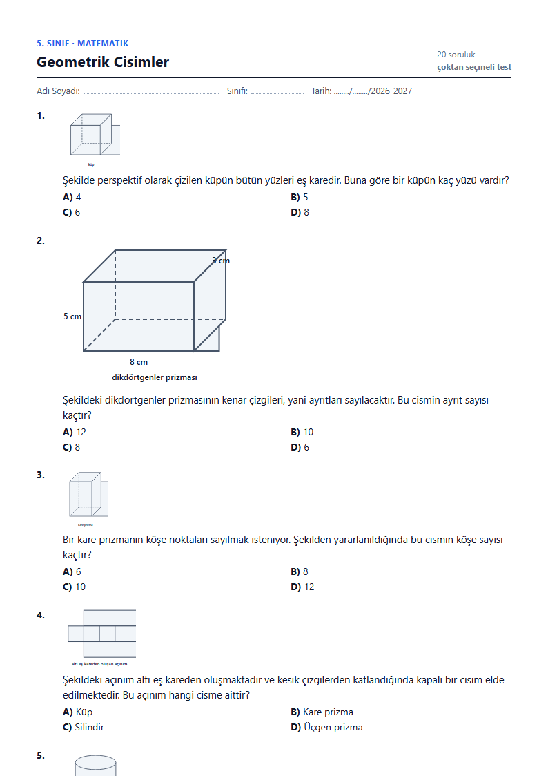 Geometrik Cisimler çalışma kağıdı önizlemesi