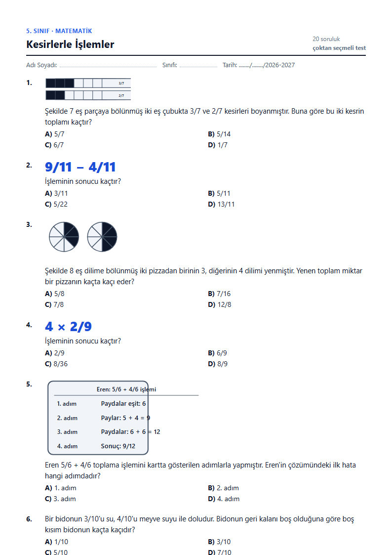 Kesirlerle İşlemler çalışma kağıdı önizlemesi