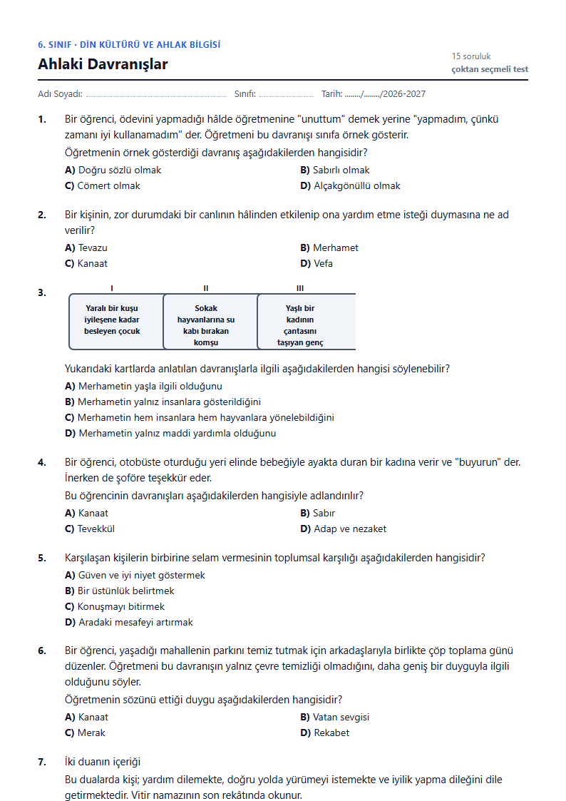 Ahlaki Davranışlar çalışma kağıdı önizlemesi