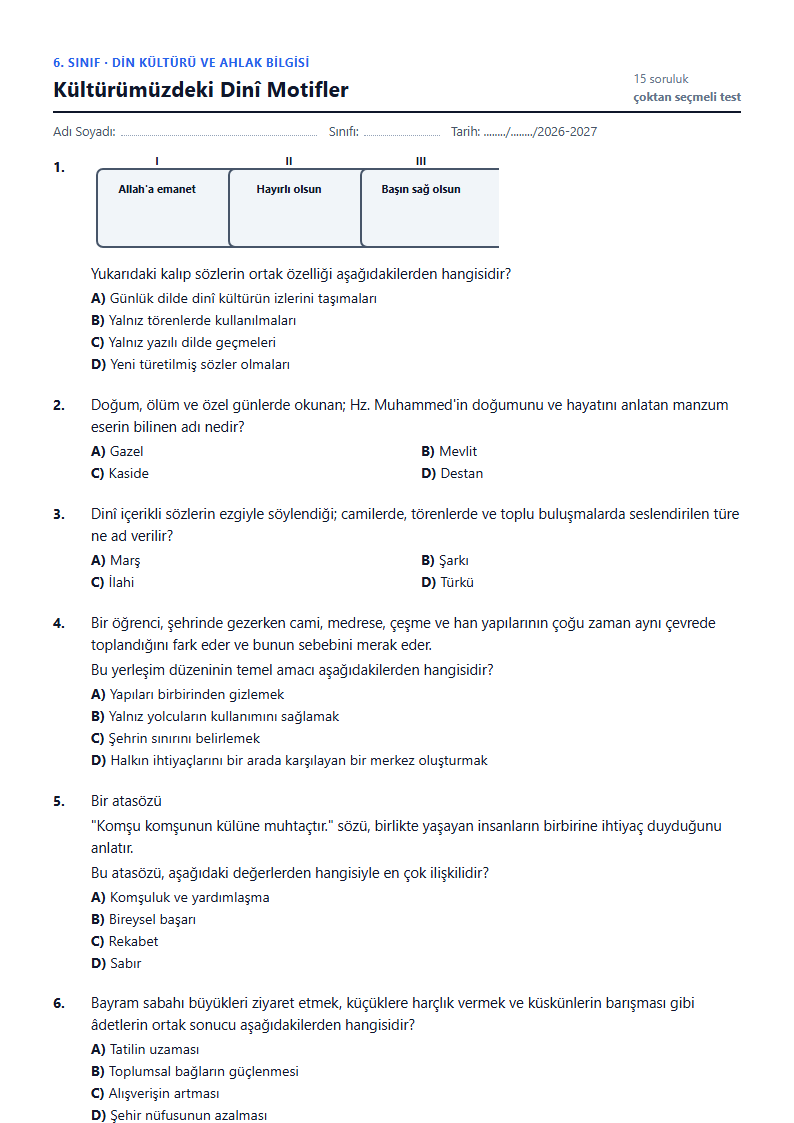 Kültürümüzdeki Dinî Motifler çalışma kağıdı önizlemesi