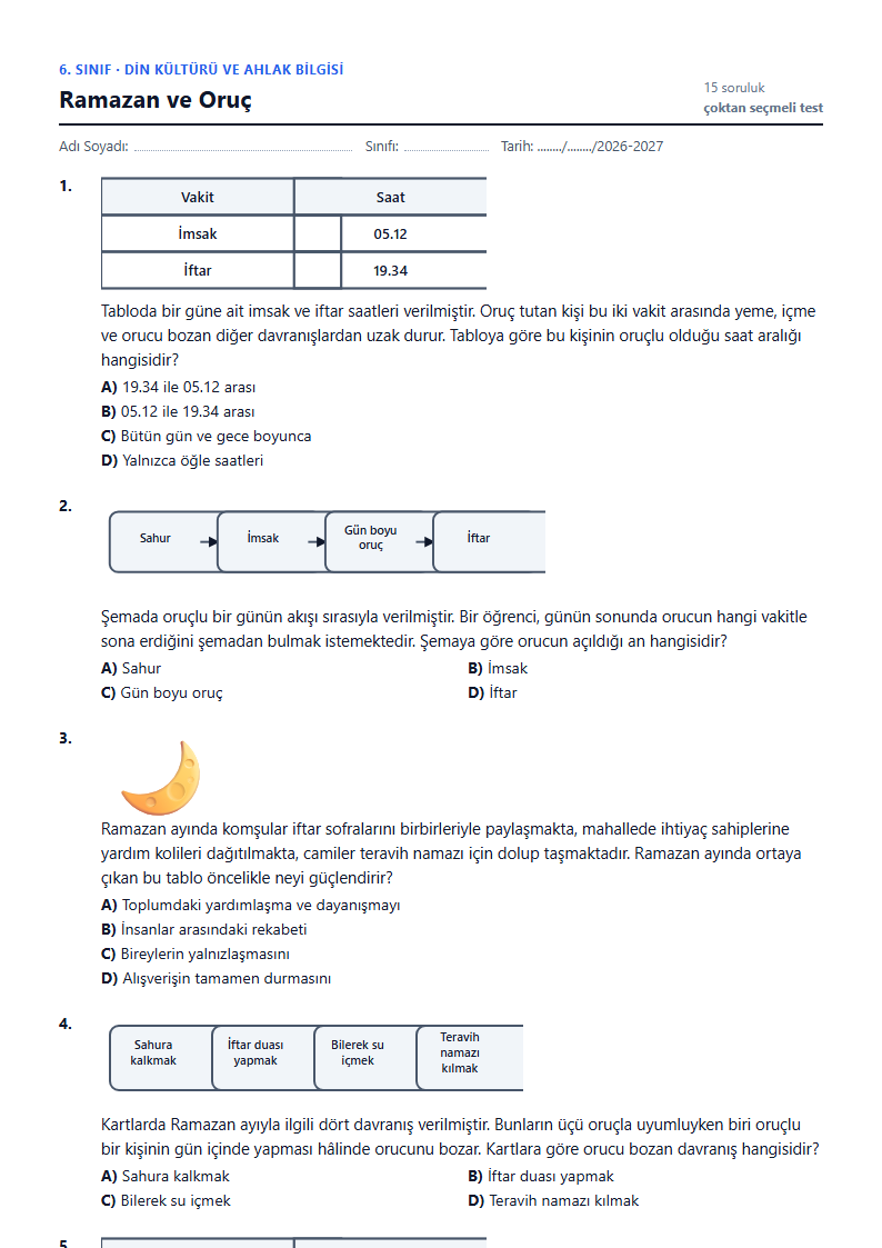 Ramazan ve Oruç çalışma kağıdı önizlemesi