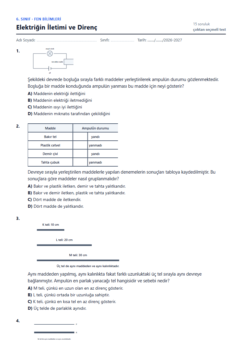 Elektriğin İletimi ve Direnç çalışma kağıdı önizlemesi