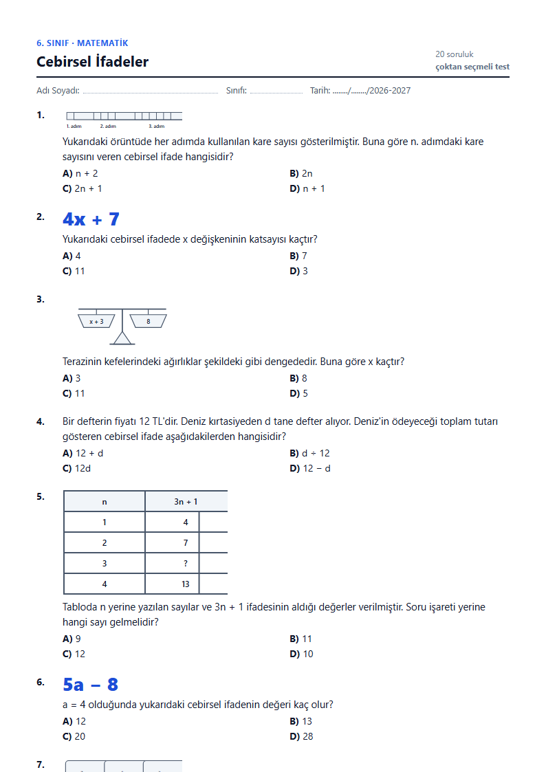 Cebirsel İfadeler çalışma kağıdı önizlemesi