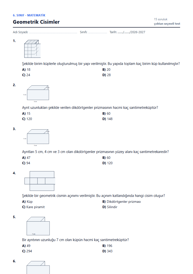 Geometrik Cisimler çalışma kağıdı önizlemesi