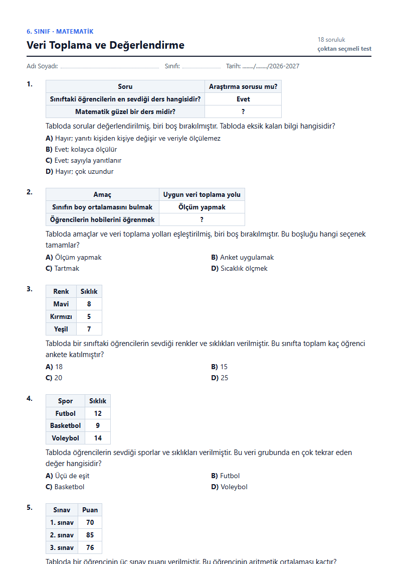 Veri Toplama ve Değerlendirme çalışma kağıdı önizlemesi