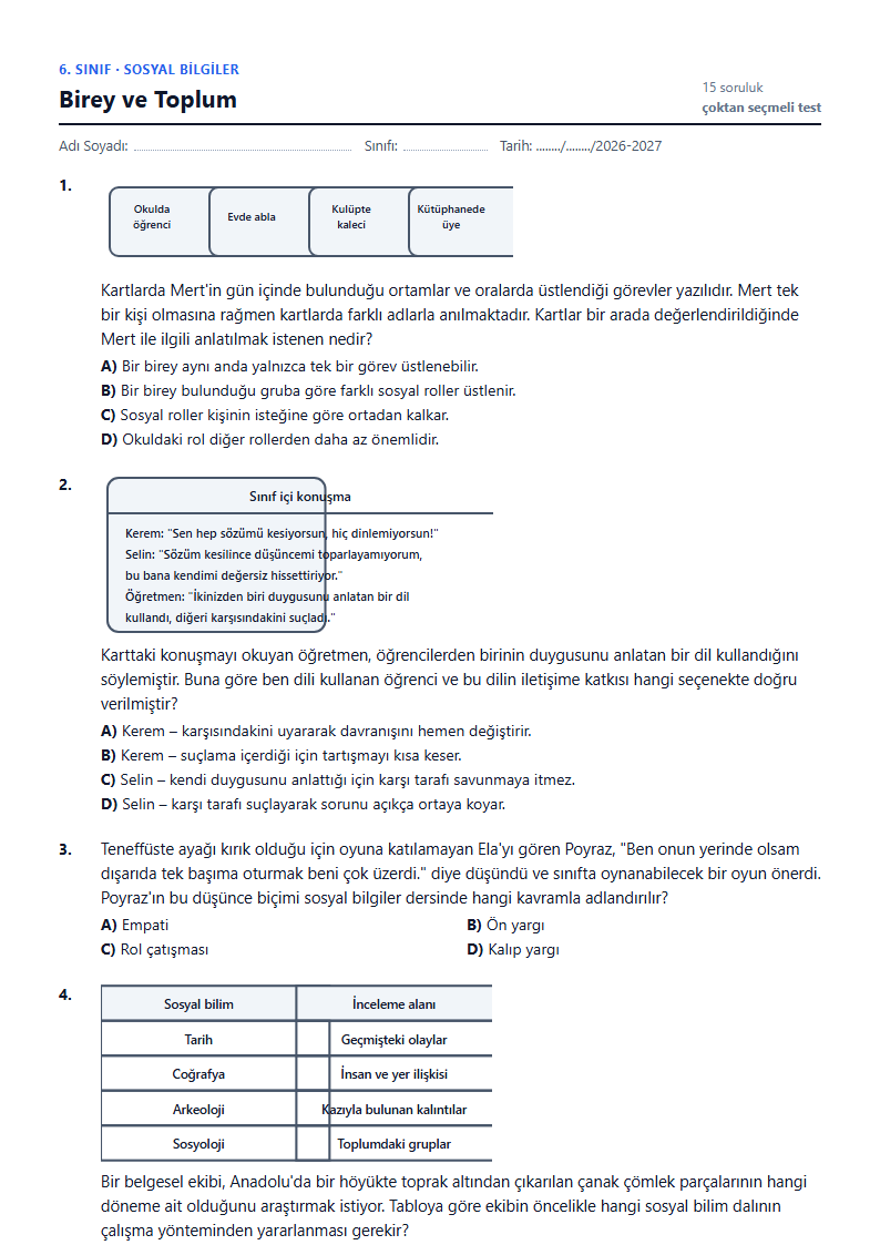 Birey ve Toplum çalışma kağıdı önizlemesi