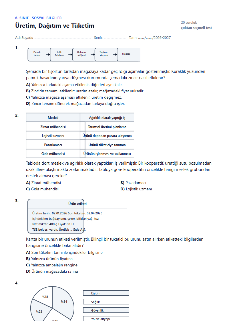 Üretim, Dağıtım ve Tüketim çalışma kağıdı önizlemesi